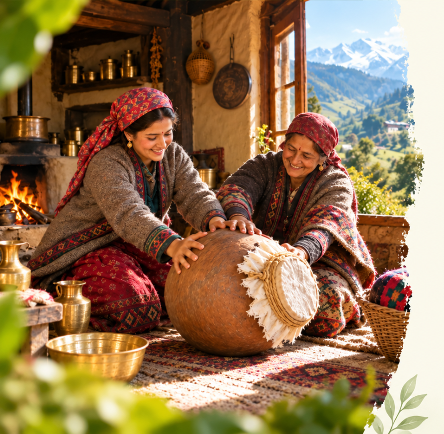 Fresh butter extracted from clay pot using traditional hand-shaking method