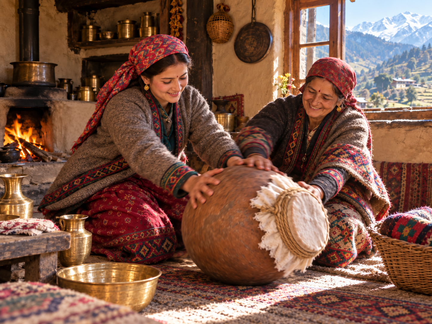 Fresh butter extracted from clay pot using traditional hand-shaking method